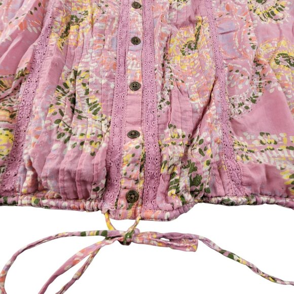 Vintage American Boho Pink Paisley Tunic Top With Lace Accents Drawstring JH1806 - Picture 7 of 7